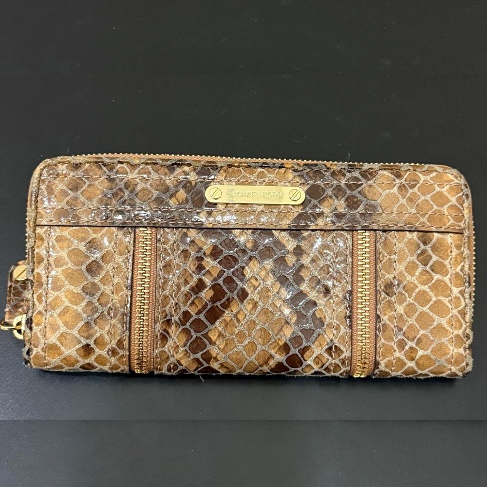 Michael Kors Moxley Brown Python Leather Gold Zip… - image 1